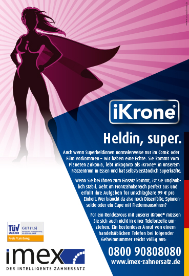 Fachanzeigenmotiv für die imex iKrone; Motiv 'Heldin, super.'