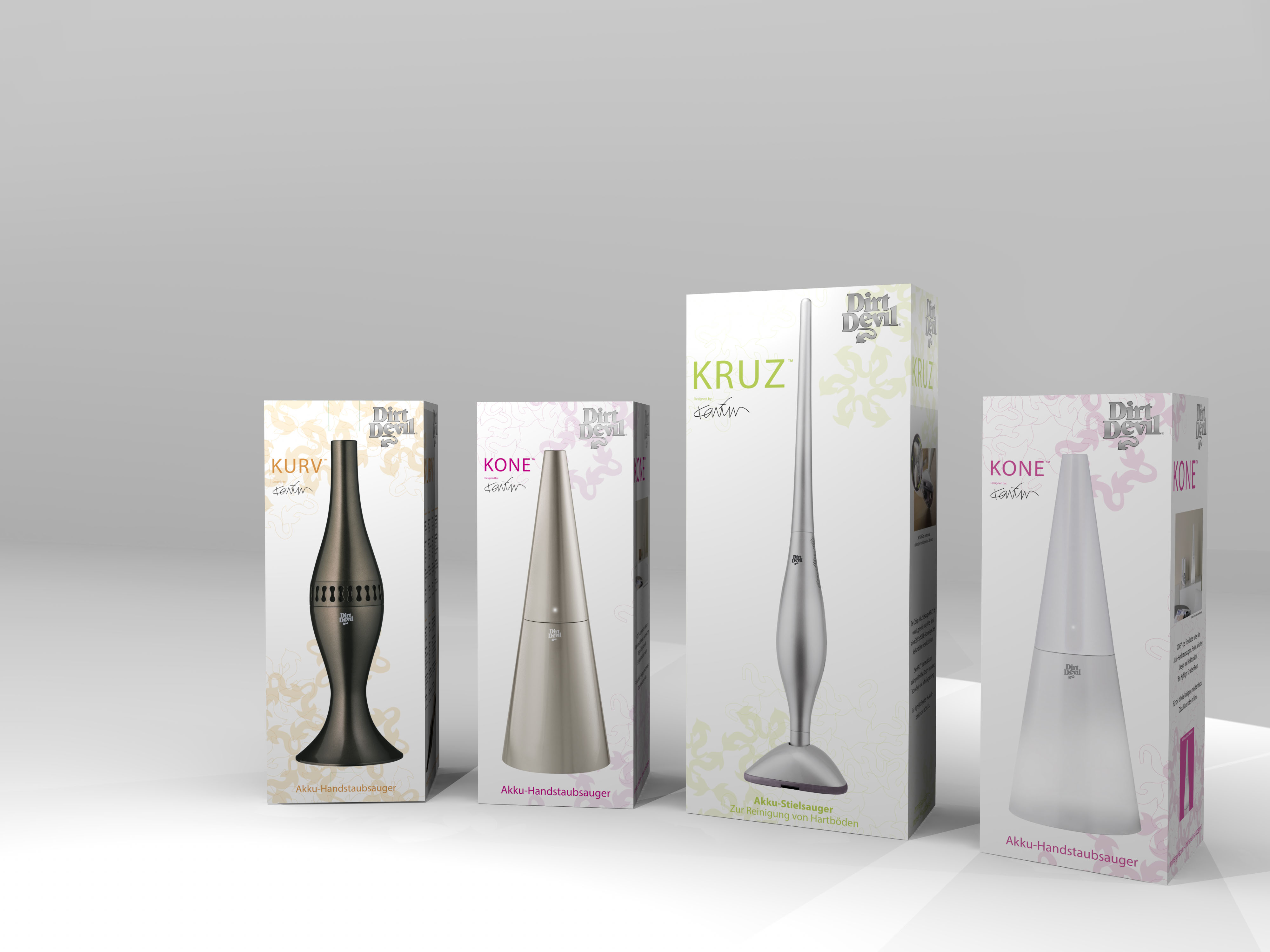 Foto von vier Verpackungen der Karim Rashid Akkusauger